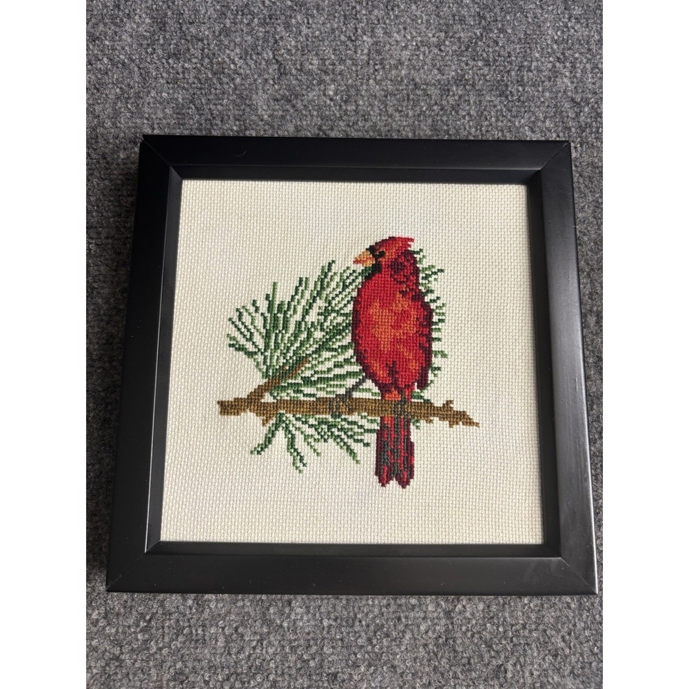 Vintage Cardinal Cross Stitch Embroidery Framed Wall Art Red Bird on Pine Branch